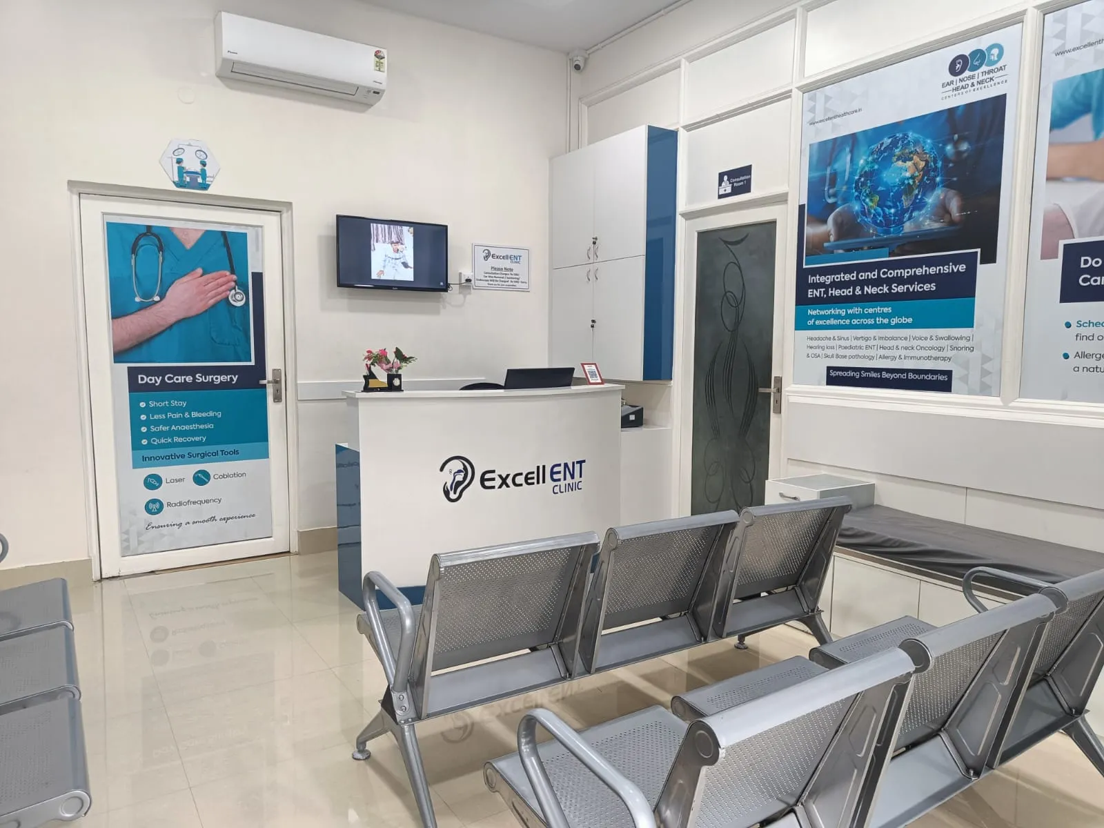 Excell ENT Clinic reception and waiting area in Frazer Town, Bengaluru