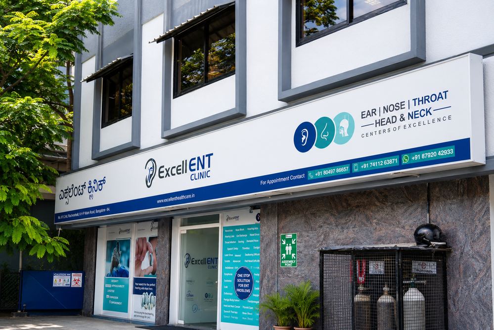 Excell ENT Clinic exterior signage at Frazer Town, Bengaluru