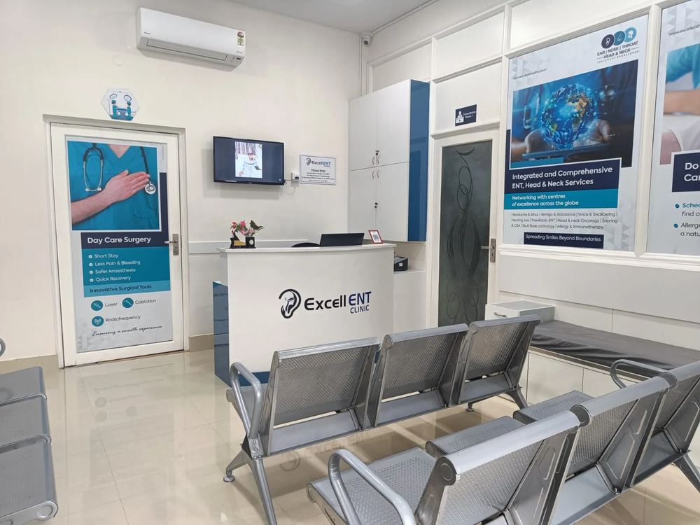 Reception and waiting area at Excell ENT Clinic, Frazer Town, Bengaluru
