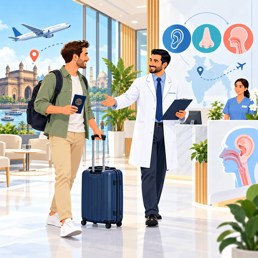 ENT doctor welcoming an international patient with luggage at the clinic in Bengaluru