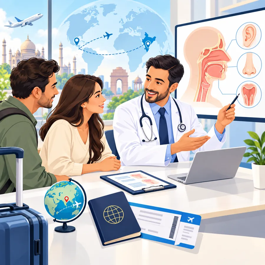 ENT specialist explaining ear, nose and throat anatomy to international patients during a consultation