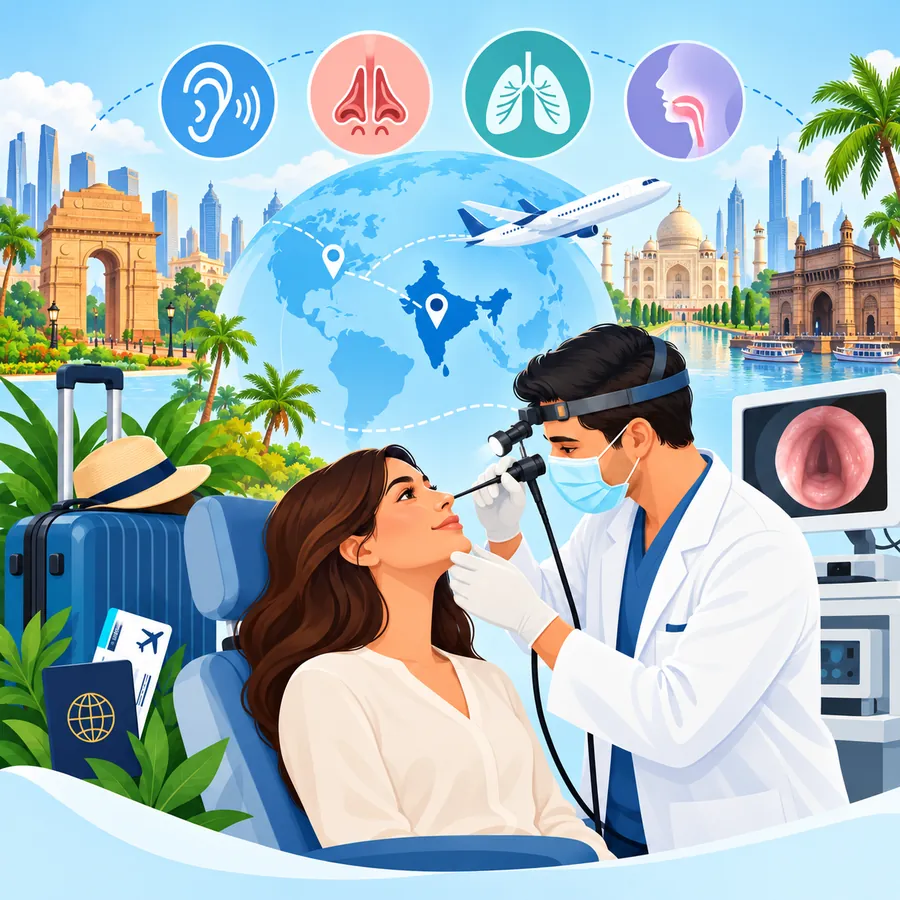 International patient having an ENT endoscopy examination in India, with landmarks and travel icons